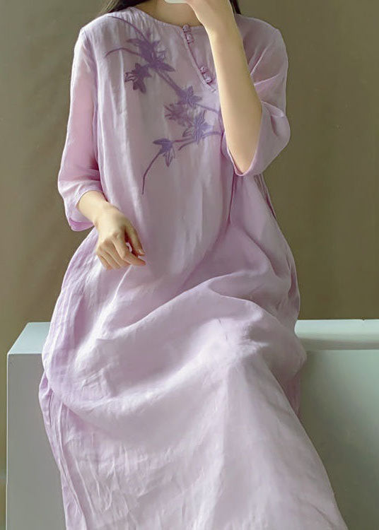 Light Purple O Neck Embroideried Patchwork Cotton Dress Summer