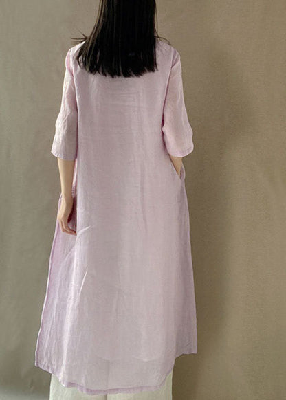 Light Purple O Neck Embroideried Patchwork Cotton Dress Summer