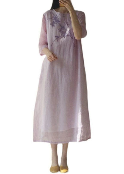 Light Purple O Neck Embroideried Patchwork Cotton Dress Summer