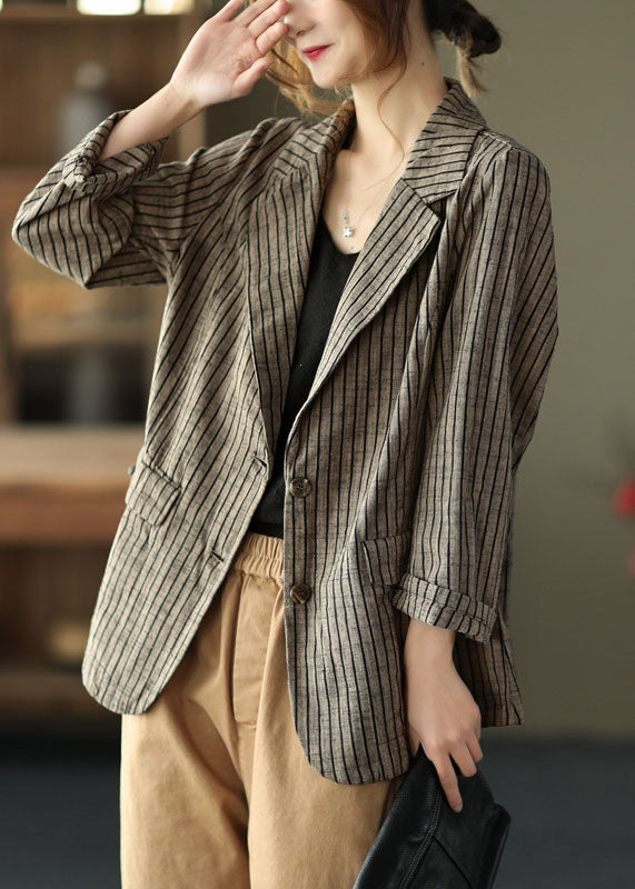 Light Button Pockets V Neck Striped Coats Long Sleeve
