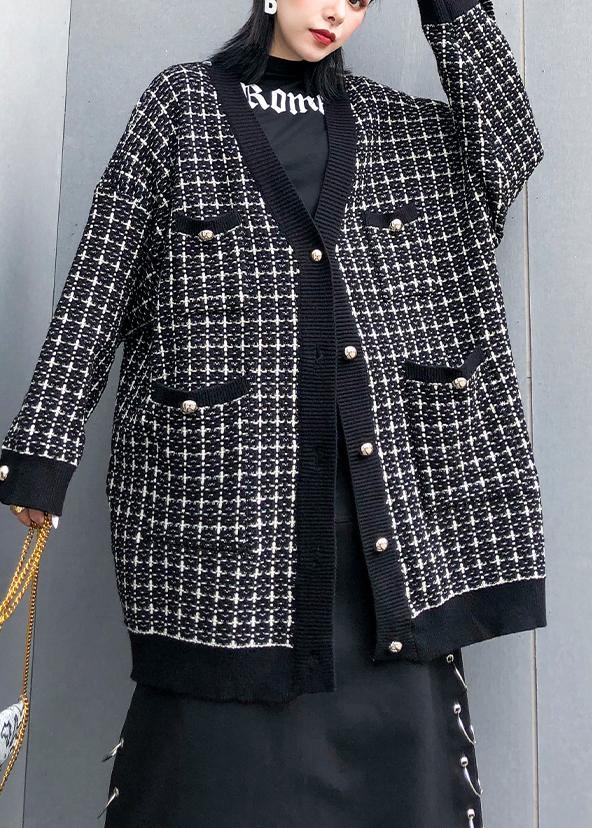 Plaid Black Knitwear V Neck Cardigans