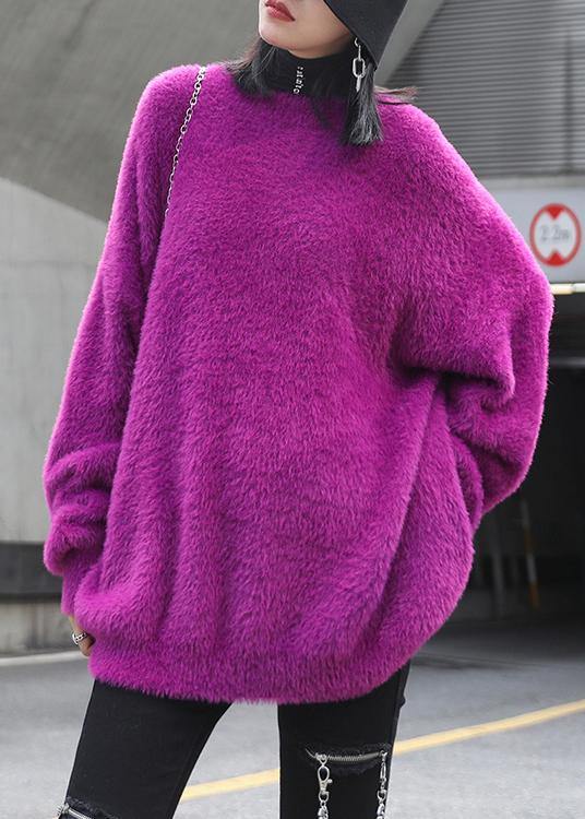 Purple Knitted T Shirt O Neck Baggy Knit Tops