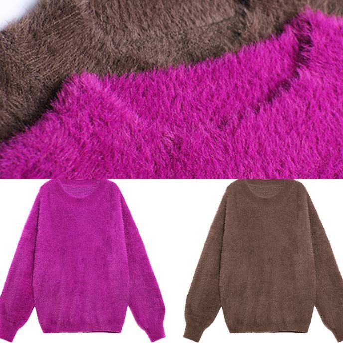 Purple Knitted T Shirt O Neck Baggy Knit Tops