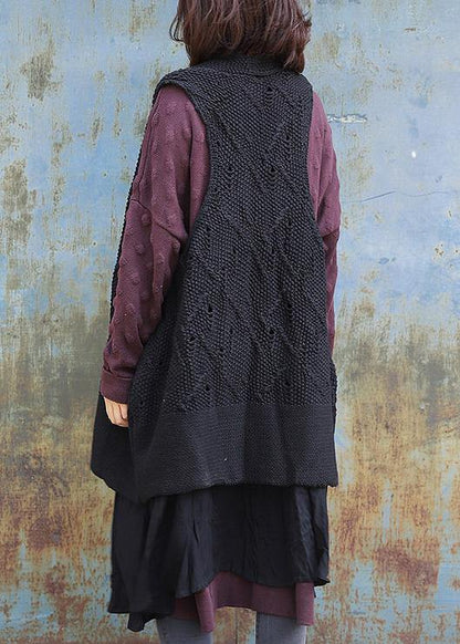 Sleeveless Knit Outwear Oversize Black Hollow Out Knit Cardigans