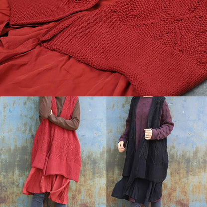 Sleeveless Knit Outwear Oversize Black Hollow Out Knit Cardigans