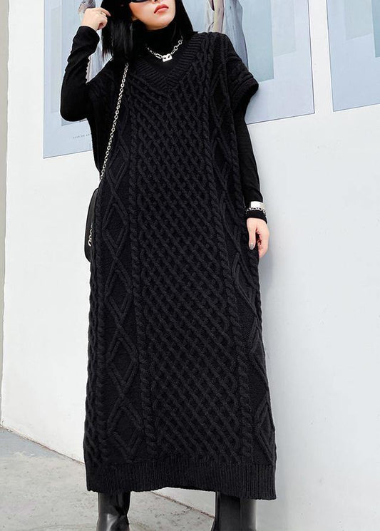 V Neck Sleeveless Sweater Spring Dress Outfit Design Black Tunic Knitted Dress