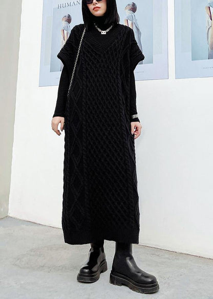 V Neck Sleeveless Sweater Spring Dress Outfit Design Black Tunic Knitted Dress