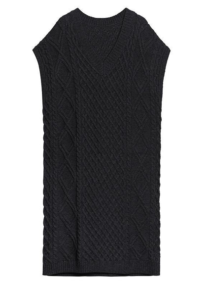 V Neck Sleeveless Sweater Spring Dress Outfit Design Black Tunic Knitted Dress