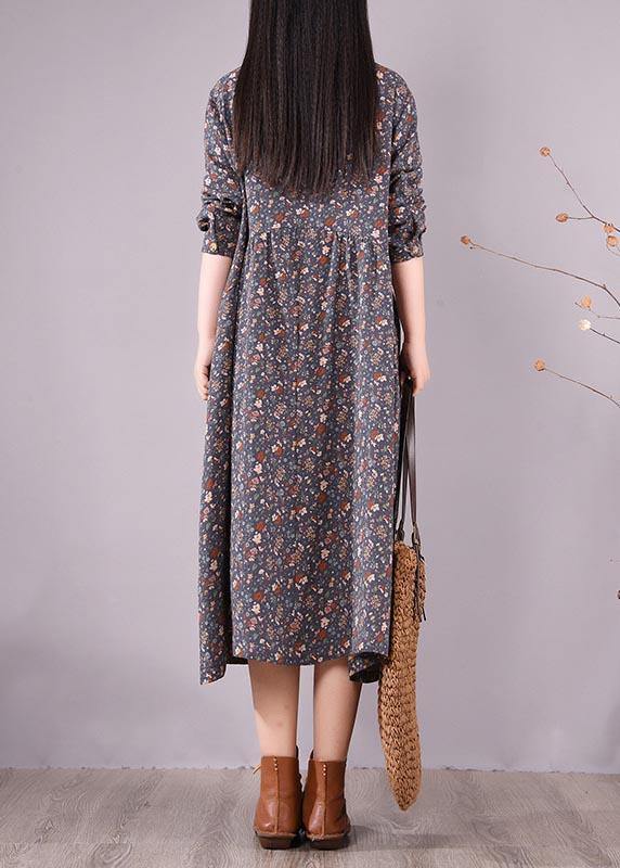 Vivid Blue Print Clothes Lapel Lace Robe Spring Dress