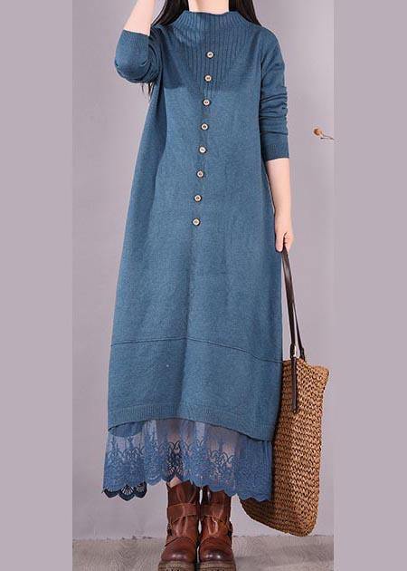 Vivid Blue Tunics O Neck Patchwork Lace Spring Dress
