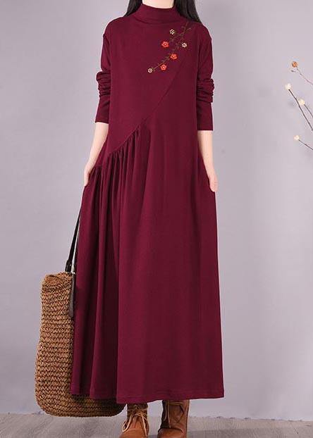 Vivid Burgundy Embroidery Tunic Pattern High Neck Cinched Spring Dress