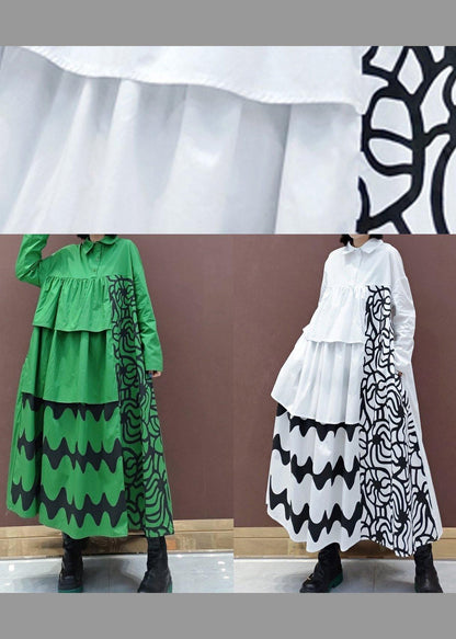 Vivid Lapel Asymmetric Spring Quilting Dresses Tunic Green Print Dress