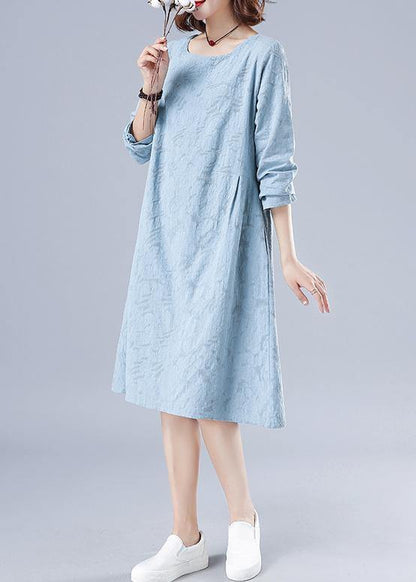 Vivid O Neck Spring Clothes for Wardrobes Light Blue Jacquard Dresses
