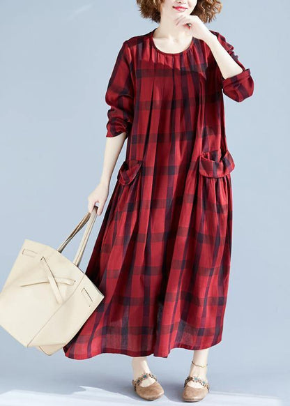 Vivid Red Plaid Tunics for O Neck Pockets Art Spring Dress