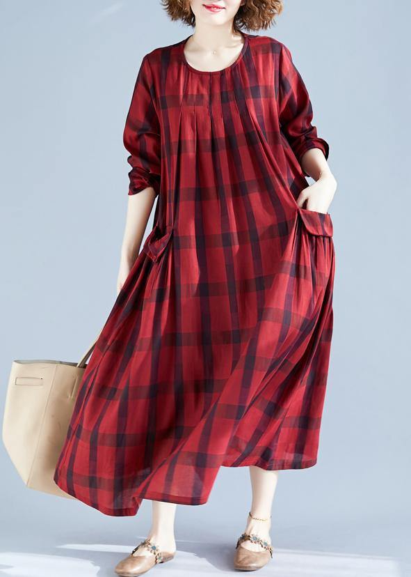 Vivid Red Plaid Tunics for O Neck Pockets Art Spring Dress