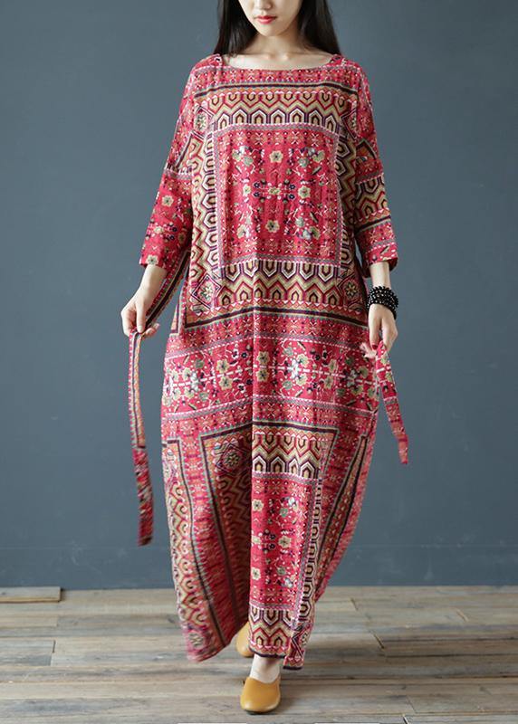 Vivid Square Collar Tie Waist Outfit Pattern Red Print a Line Dress
