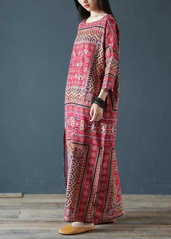 Vivid Square Collar Tie Waist Outfit Pattern Red Print a Line Dress