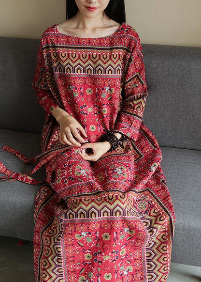 Vivid Square Collar Tie Waist Outfit Pattern Red Print a Line Dress
