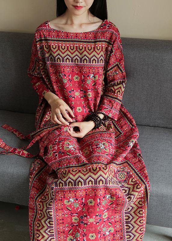 Vivid Square Collar Tie Waist Outfit Pattern Red Print a Line Dress