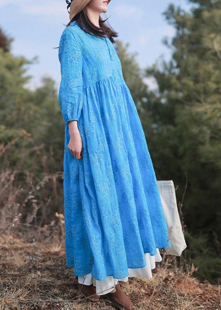 Vivid Stand Collar Cinched Spring Dresses Neckline Blue Embroidery Loose Dresses