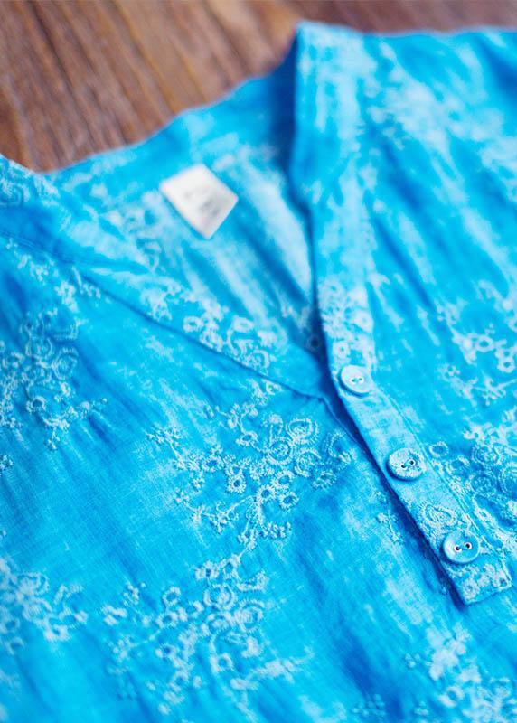 Vivid Stand Collar Cinched Spring Dresses Neckline Blue Embroidery Loose Dresses