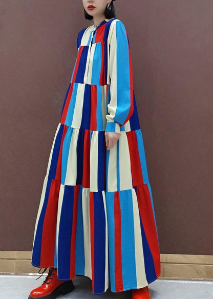 Vivid Stand Collar Patchwork Spring Clothes Ideas Multicolor Striped Kaftan Dresses