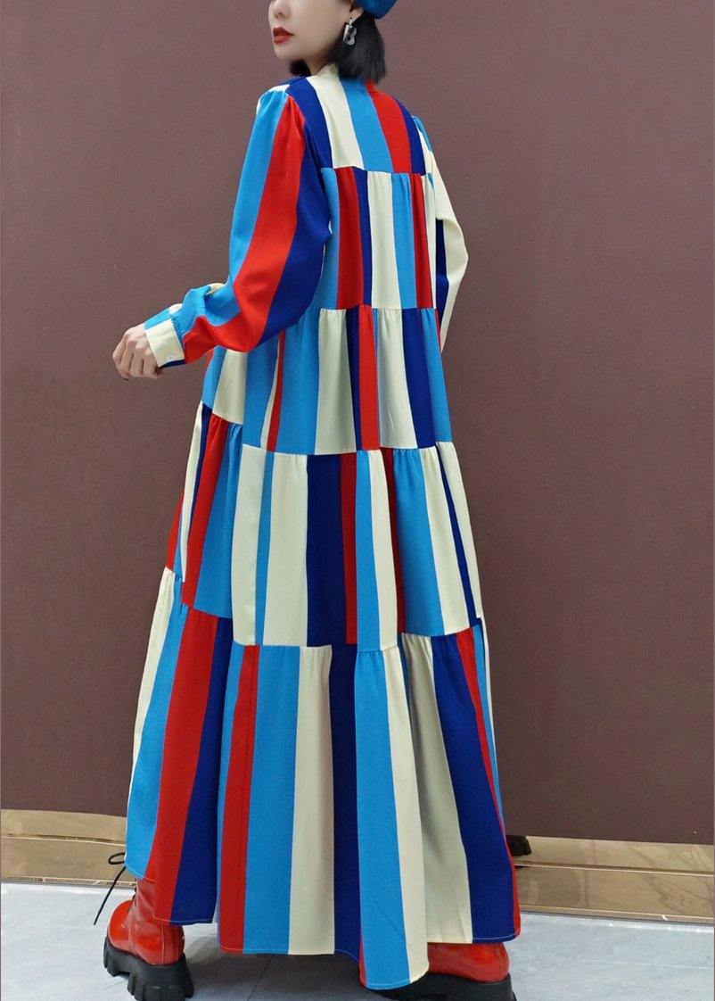 Vivid Stand Collar Patchwork Spring Clothes Ideas Multicolor Striped Kaftan Dresses