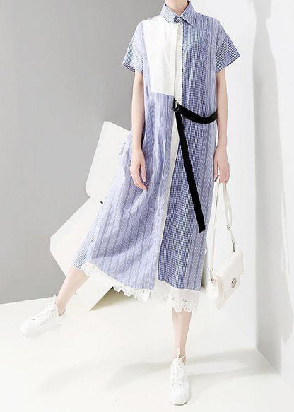 Vivid Tunics Fun Asymmetrical Patchwork Striped Short Sleeve Shirt Dress