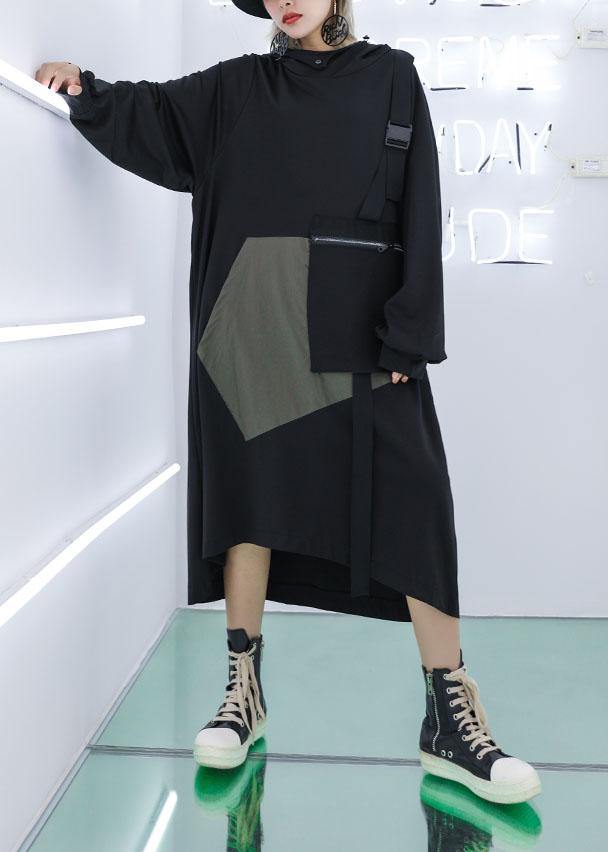 Vivid Big Pockets Cotton Tunics Sewing Gray Green Loose Dresses Fall