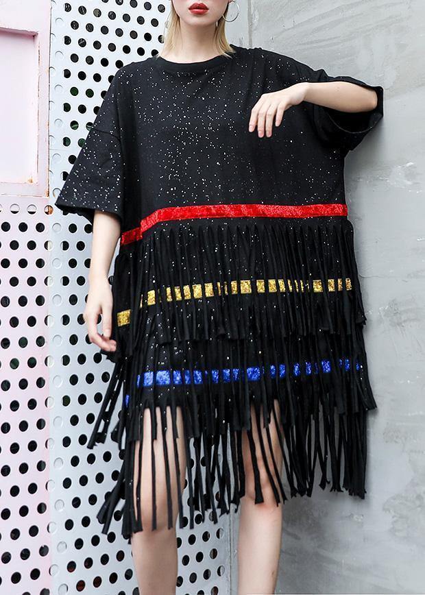 Vivid Black Cotton 0layered Tassel Dresses Summer Dress