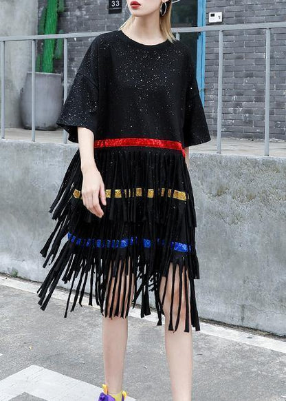 Vivid Black Cotton 0layered Tassel Dresses Summer Dress