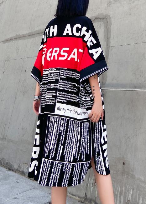 Vivid Black Letter Cotton Quilting Clothes Lapel Side Open Oversized Dresses