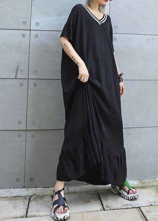 Vivid Black Cotton Tunics V Neck Traveling Ruffles Summer Dresses