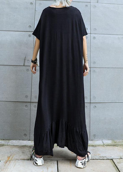 Vivid Black Cotton Tunics V Neck Traveling Ruffles Summer Dresses