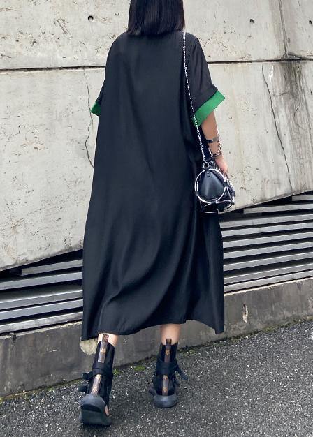 Vivid Black Cotton Clothes Lapel Button Down Maxi Summer Dress