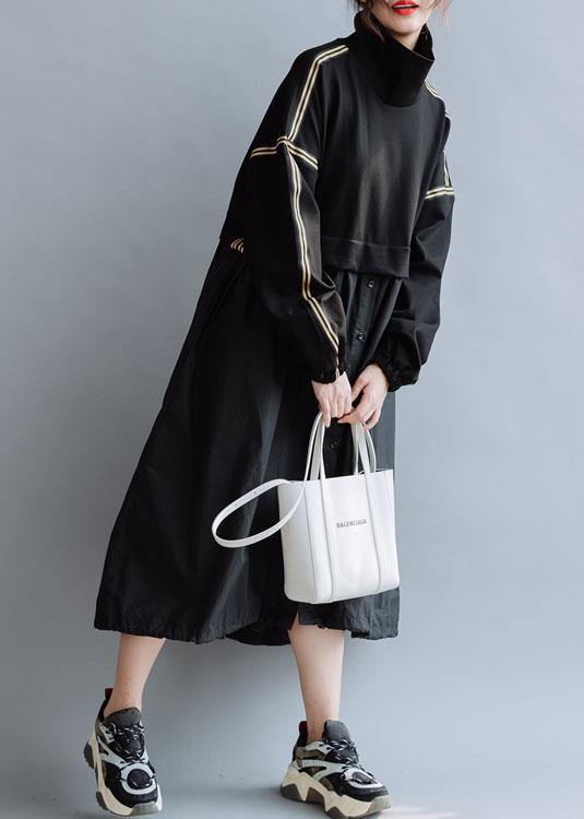 Vivid Black Cotton Dress Patchwork High Neck a Line Fall Dresses