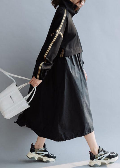Vivid Black Cotton Dress Patchwork High Neck a Line Fall Dresses