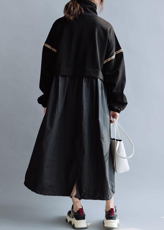 Vivid Black Cotton Dress Patchwork High Neck a Line Fall Dresses