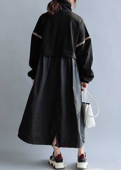 Vivid Black Cotton Dress Patchwork High Neck a Line Fall Dresses