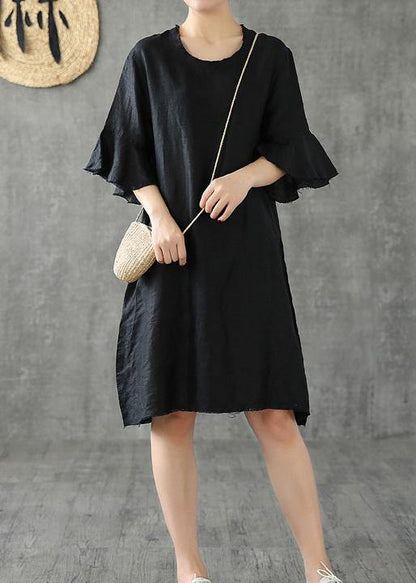 Vivid Black Cotton Linen Dresses O Neck Petal Sleeve Baggy Dress