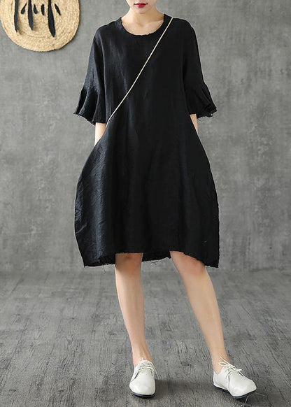 Vivid Black Cotton Linen Dresses O Neck Petal Sleeve Baggy Dress