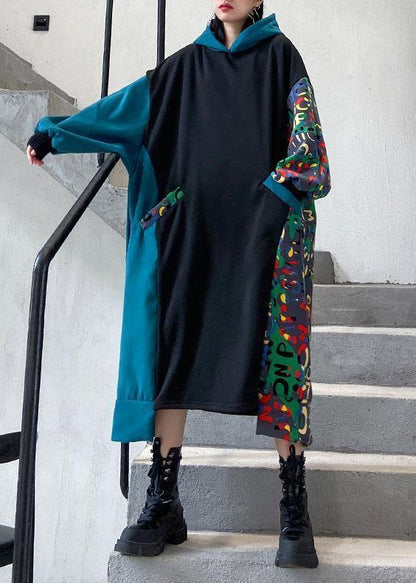 Vivid Black Cotton Quilting Clothes Hooded Patchwork Print Traveling Dresses