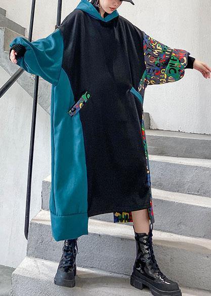 Vivid Black Cotton Quilting Clothes Hooded Patchwork Print Traveling Dresses