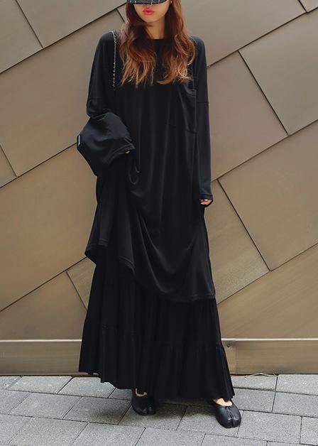 Vivid Black Cotton Quilting Dresses O Neck Batwing Sleeve Kaftan Summer Dress