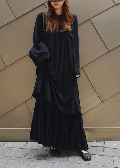 Vivid Black Cotton Quilting Dresses O Neck Batwing Sleeve Kaftan Summer Dress