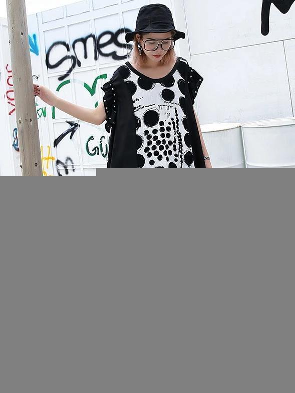 Vivid Black Dotted Cotton Long Shirts O Neck Patchwork Maxi Dresses
