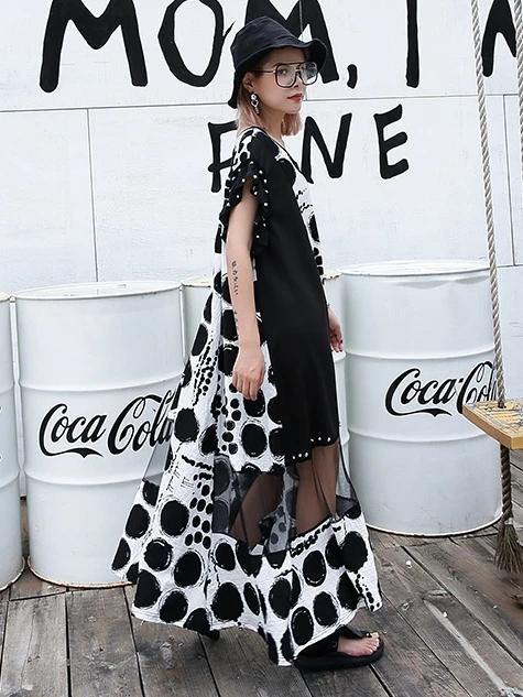 Vivid Black Dotted Cotton Long Shirts O Neck Patchwork Maxi Dresses