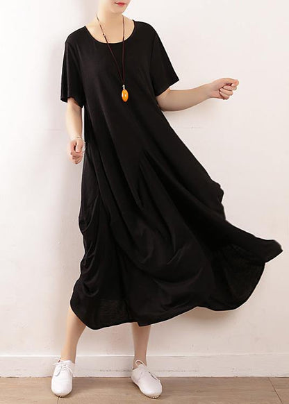 Vivid Black Linen Cotton Robes Asymmetric Summer Dresses