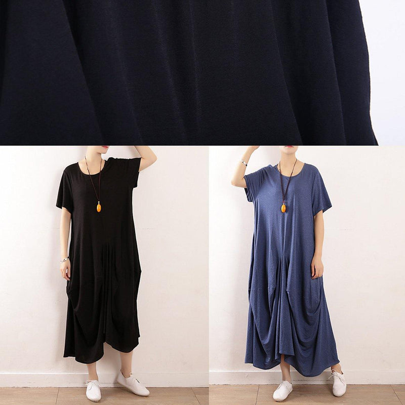 Vivid Black Linen Cotton Robes Asymmetric Summer Dresses