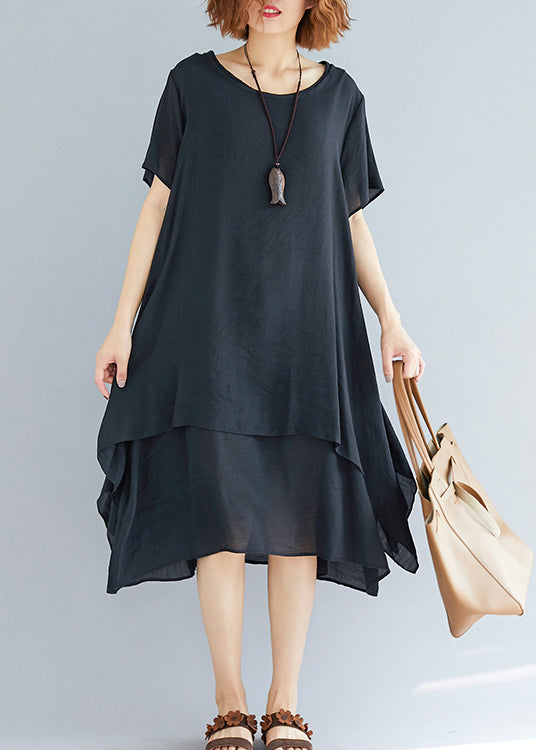 Vivid Black Flowers and Birds Linen-cotton Tunics for Fabrics O Neck Asymmetric Oversized Summer Dress